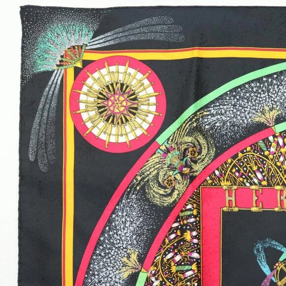 HERMES Carre 90 Scarf ""FEUX D' ARTIFICE"" Silk Black Auth hk2955 - Picture 4 of 12